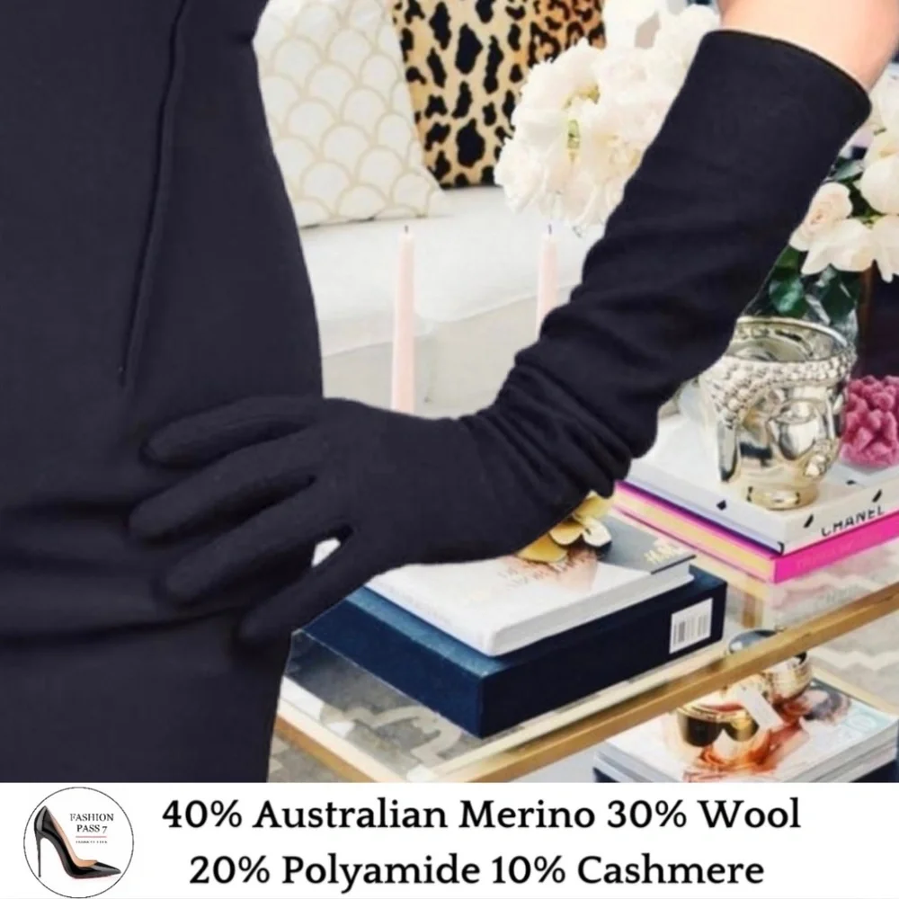 Long Cashmere Merino Wool Gloves Classical Black Opera Driving Winter Warm Glove